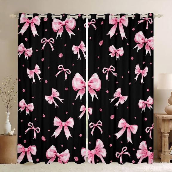 Homewish Modern Fashion Bowknot Black Out Curtains for Kids, Black Pink Bow-tie Curtains Pack of 2 (42x63 Each), Princess Style Bedroom Curtains, Window Curtains Decor