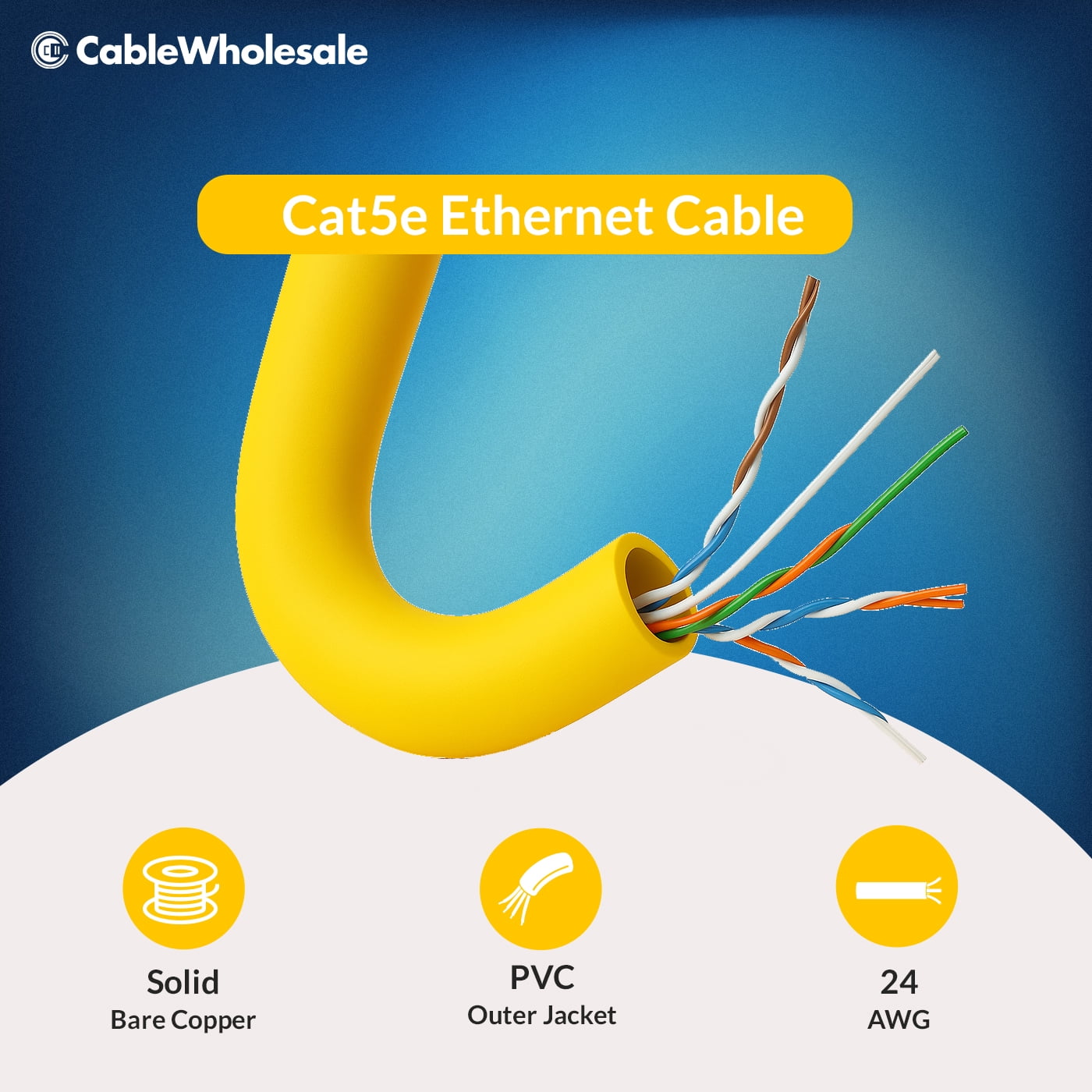 CableWholesale 1000 Foot F/UTP Cat5e Ethernet Cable, 24 AWG, ETL Listed, 4 Pair Solid Copper with Pull Box, Yellow