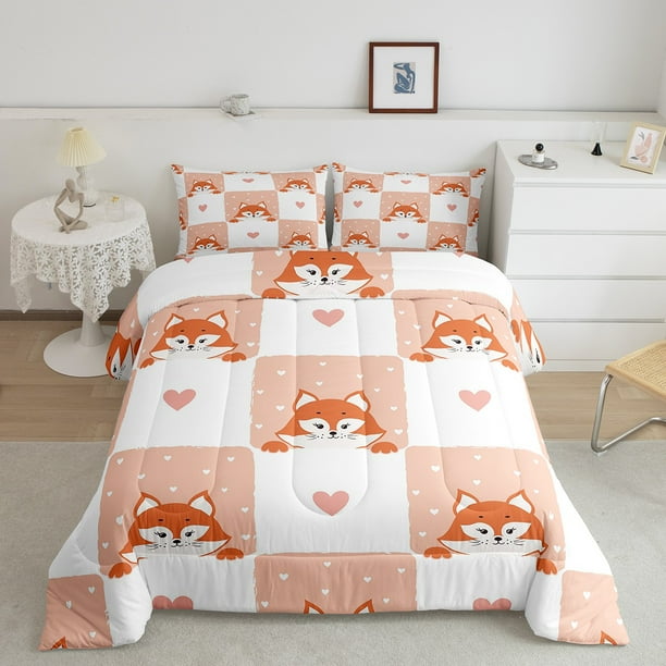Kids Cartoon Fox Comforter Set Cute Buffalo Plaid Bedding Queen Kawaii Hearts Dots Duvet Insert Boys Girls Funny Woodland Animal Quilt Sets Ultra Soft Cozy All Season Down Alternative Comforter 3Pcs W...