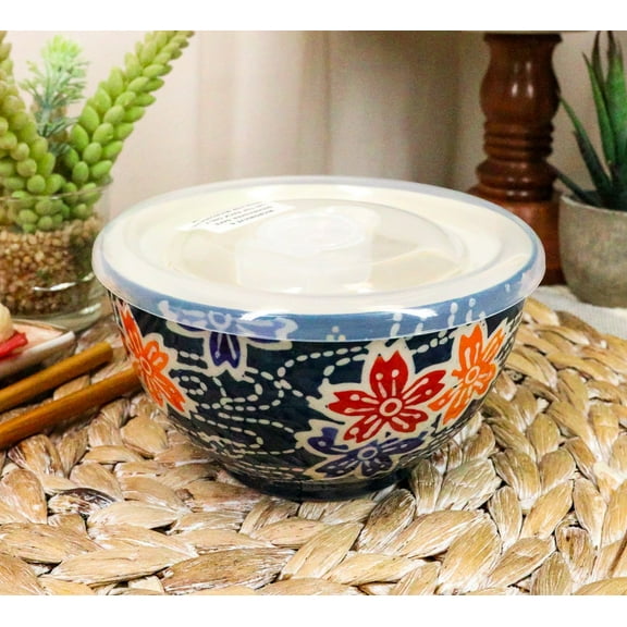 Ebros Set of 2 Ceramic Blue Cherry Blossoms Portion Meal Bowls 2 Cups W/ Lid