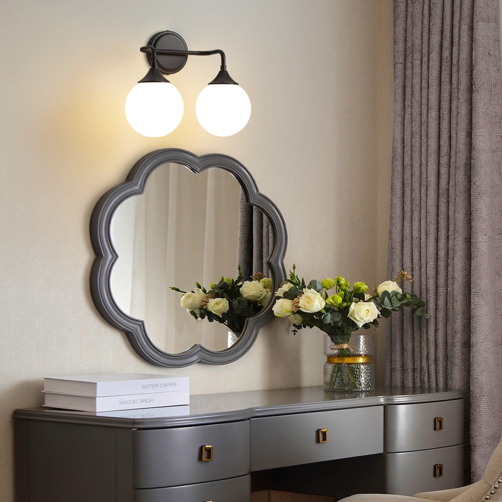 Deyidn 2-Light Black Modern Vanity Light, 14 Inch Dimmable Bathroom Light Fixture with Opal Glass Globes for Mirror