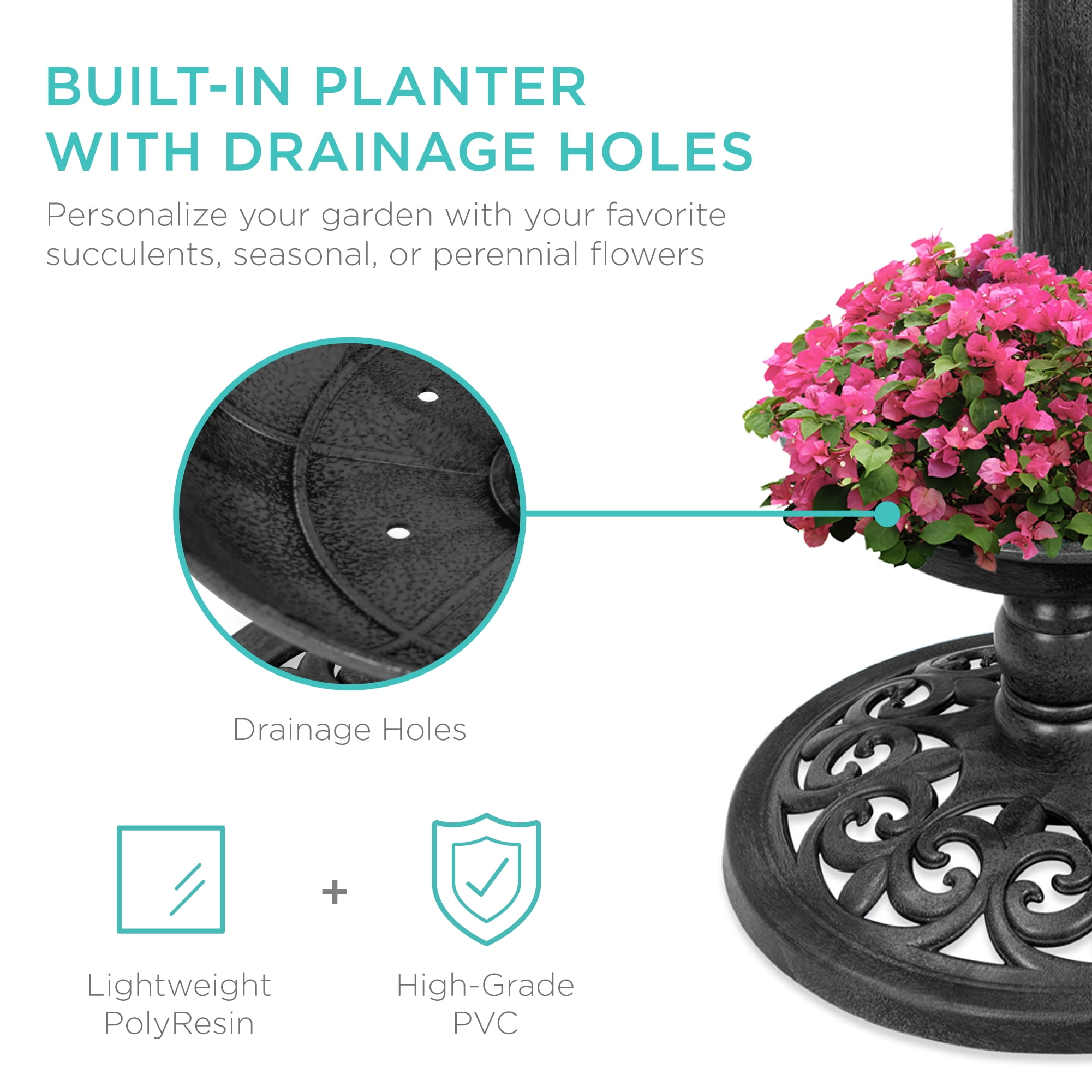Best Choice Products Solar Lighted Pedestal Bird Bath w/ Planter, Integrated Panel - Black