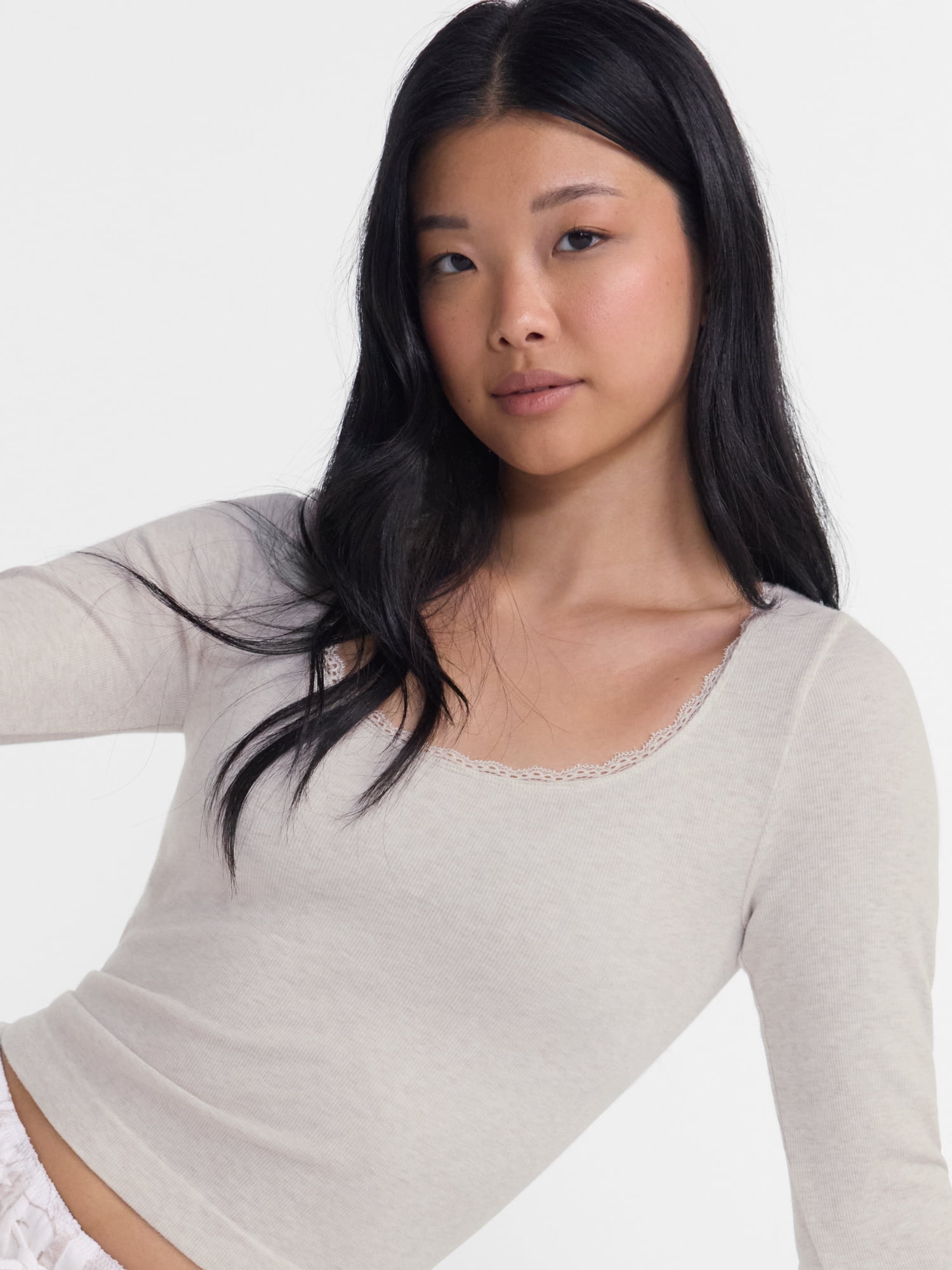 No Boundaries Long Sleeve Seamless Tee with Lace Trim, Women's XXS-XXL