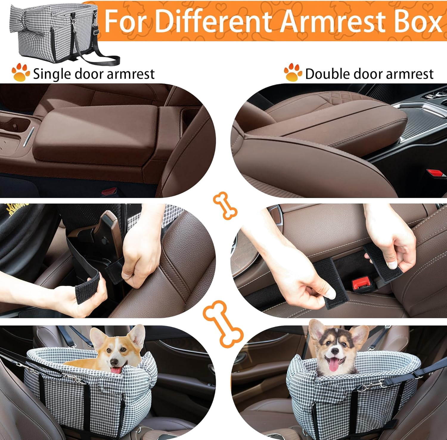 Sparklane - Center Console Dog Car Seat Dog Bed for Car Console Portable Armrest Booster Seat Carrier for Small Medium Dogs Anti-Collapse for Puppy Pet Up to 15 Lbs（Grid Black）