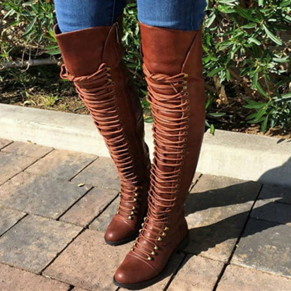 YOUSNH Classic Lace up Women's Boots Outdoor Low Heeled Round Toe Shoes Western Women's Boots Womens Boots Brown 8.5