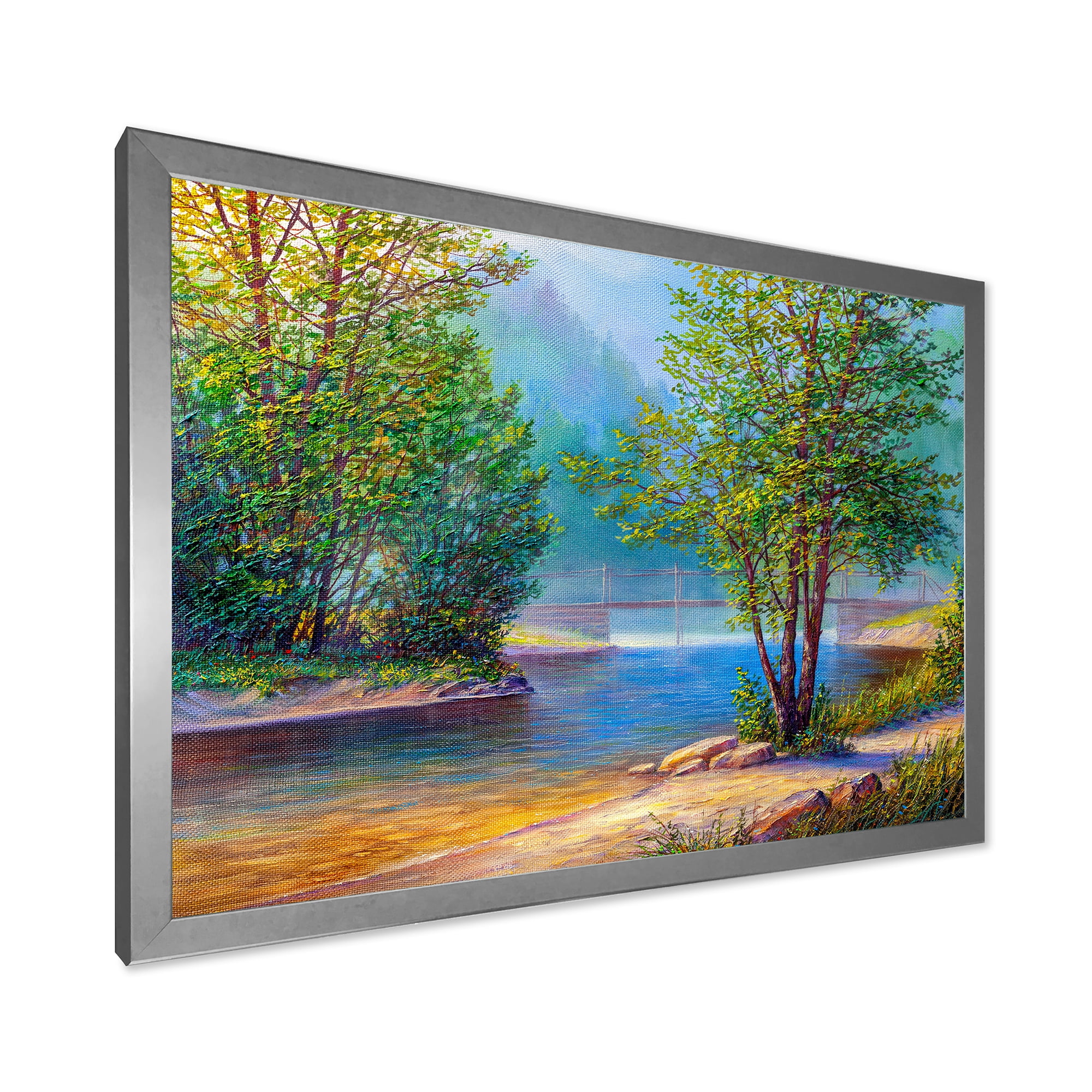 Designart 'Green Trees By The Bridge Over River' Traditional Framed Art Print