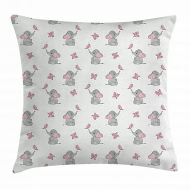 Elephant Nursery Decor Throw Pillow Cushion Cover, Baby Elephants Playing with Butterflies Lovely Kids Room, Decorative Square Accent Pillow Case, 16 X 16 Inches, Grey Light Pink White, by Ambesonne