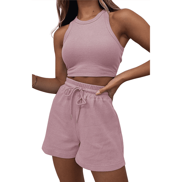 Conjuntos de Verano para Mujer, Conjunto Informal de 2 Piezas con Top Corto y Pantalones Cortos de Punto Gofre, Ropa de Dormir, Rosa, XL