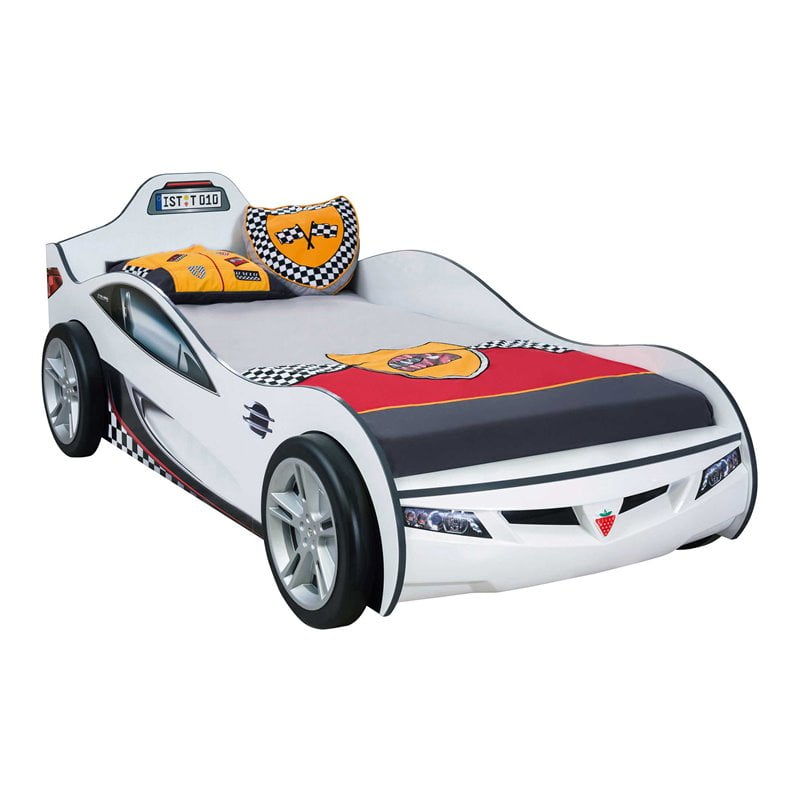 Cilek Kids Room Race Cup Wood Twin Car Bed with Cool Details in White
