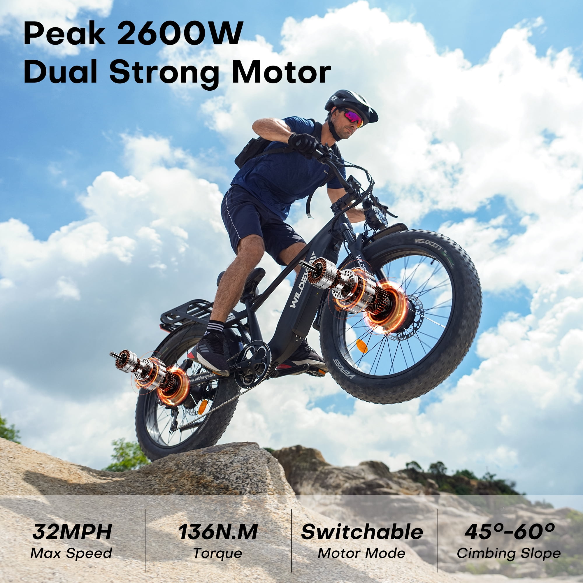 WILDEWAY Dual Motors 2600W Electric Bike for Adult 26'' UL2849 48V 30AH Removable Battery E-mountain bike 4.0 Fat Tire up to 32MPH Long Range Off-road Ebike Beach Dual Hydraulic&Brakes Bicycle