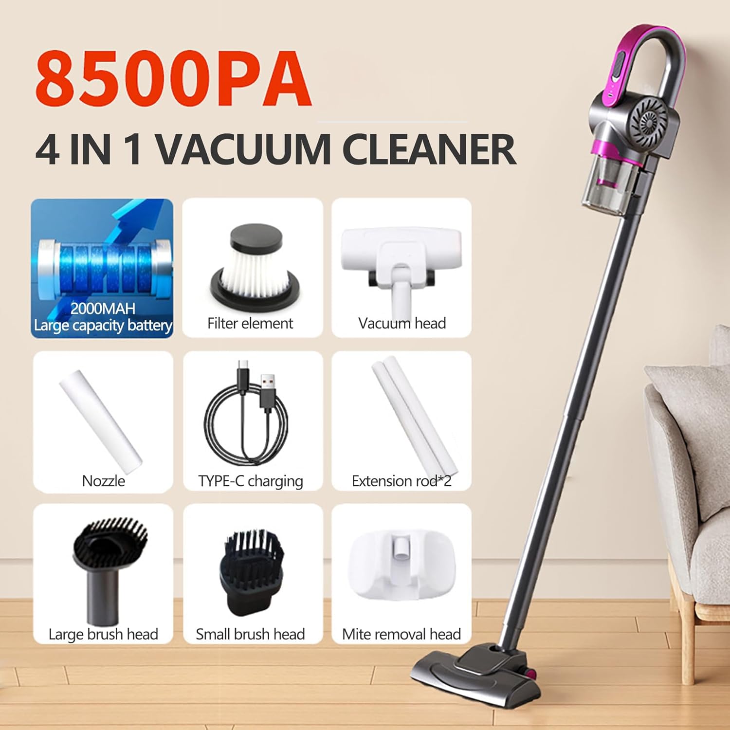Cordless Vacuum Cleaner, Rechargeable Stick Vac with Anti Tangle Self Standing, 8500Pa 260ml Dust Cup 3 Modes for Home Pet Hair Carpet, 1-Pack (Purple)