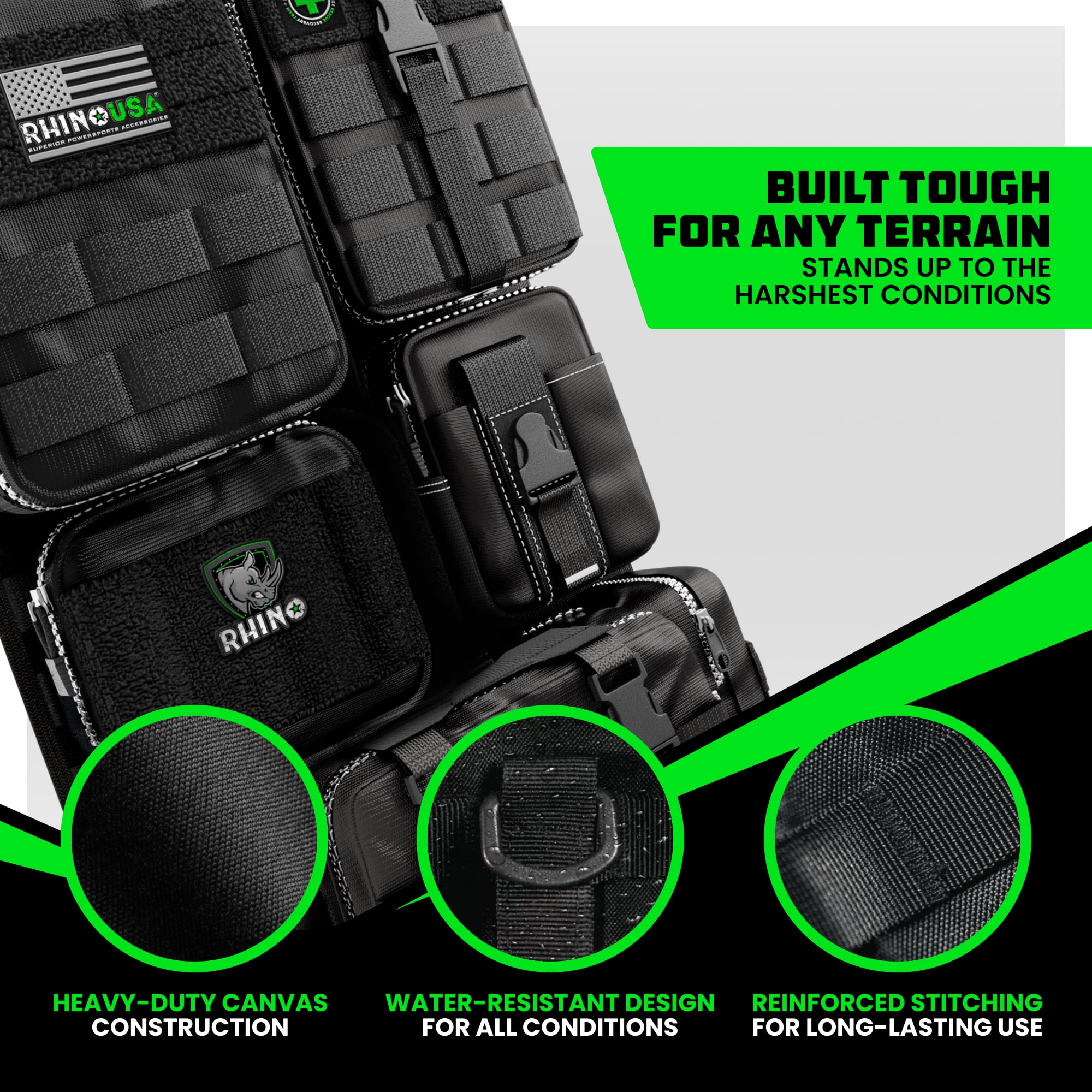 Rhino USA Tactical Car Seat Organizer w/ Multiple Pockets & Car Accessories for SUV, Truck, Car (Black)