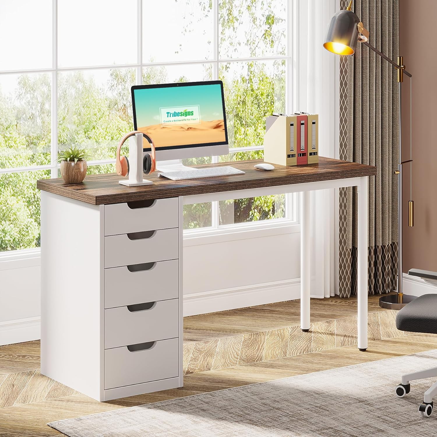 Tribesigns Modern Computer Desk with 5 Drawers, 47 in Brown Home Office Desk with Storage for Adult