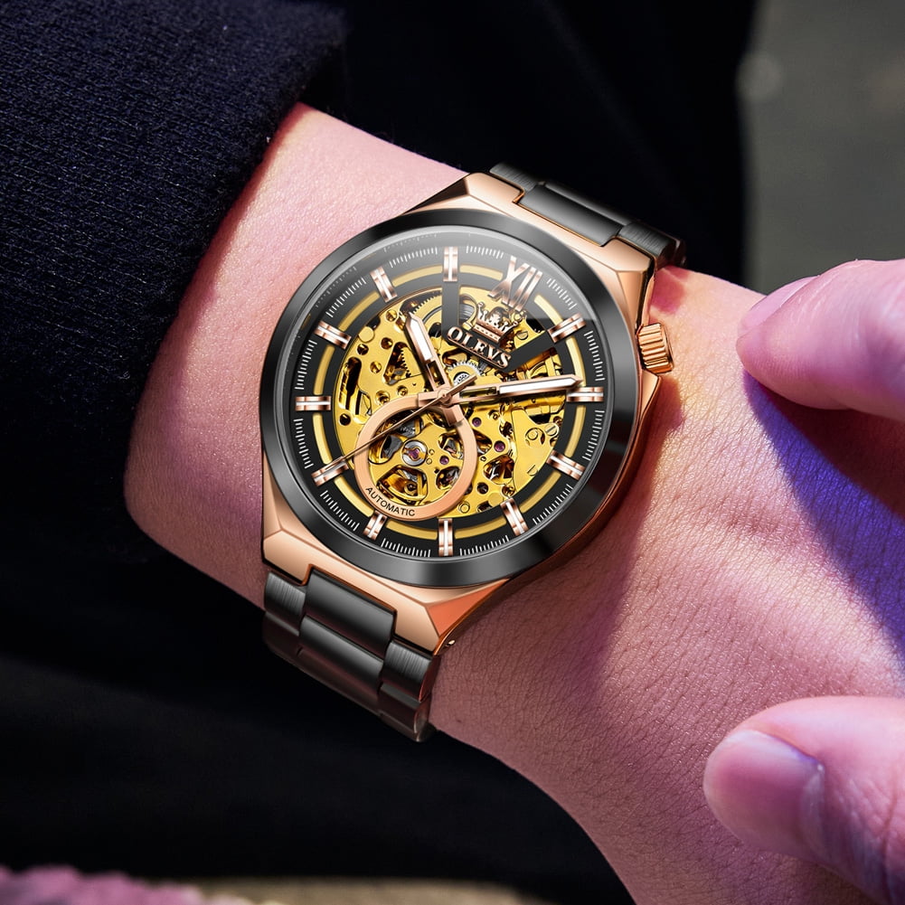 OLEVS Skeleton Watches for Men Luxury Dress Automatic Self Winding Mechanical Gold Plated Stainless Steel Waterproof Luminous Business Men Wrist Watch Reloj Para Hombre