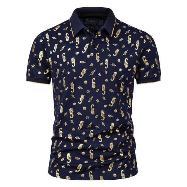 CEHVOM Fashion Men's Collar Top Stand Collar Print Short Sleeve Button Matching Summer