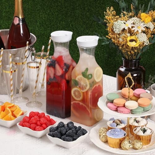Plastic 50 Oz Water Carafe with Flip Top Lid, Set of 2 Square Base Juice Containers, Clear Plastic Pitcher - for Water, Iced Tea, Juice, Beverage, Cold Brew and Mimosa Bar - HAND WASH ONLY