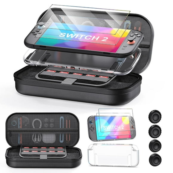 10 en 1 Compatible con Nintendo Switch 2 Paquete de accesorios, kit de estuche rígido portátil para viajes, 2 protectores de pantalla, 1 funda protectora, 4 tapas para pulgares, 1 bolso de mano