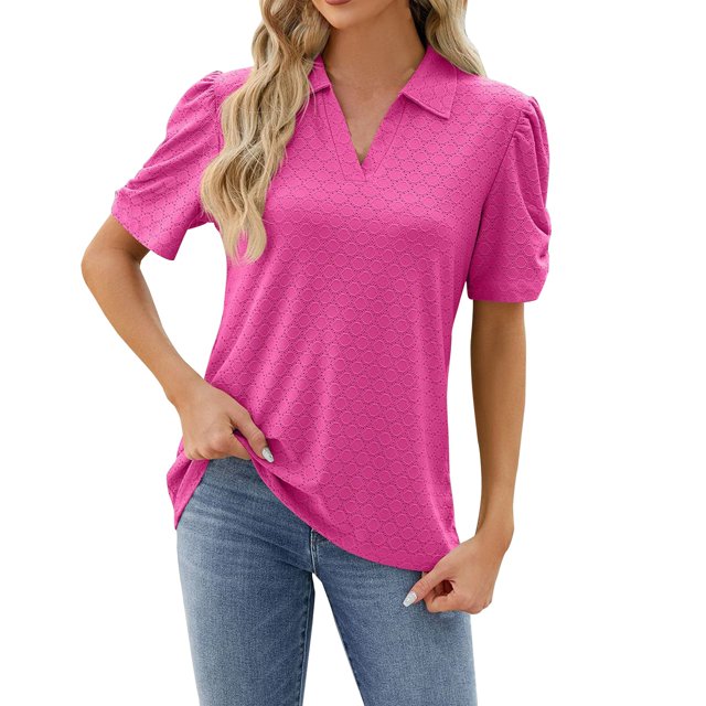 Timegard Tops for Women Summer Eyelet Lapel V-Neck Ruched Short Sleeve Solid Color Dressy Casual Loose Tops