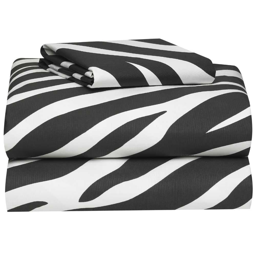 OCM College Dorm Bed Sheet Set in Zebra Twin XL Size Black and