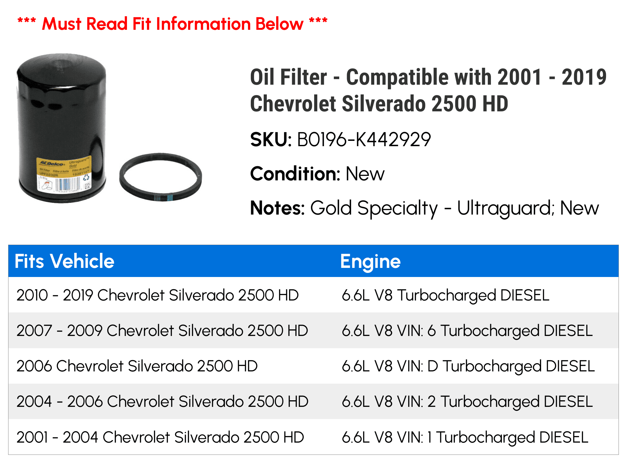 Oil Filter - Compatible with 2001 - 2019 Chevy Silverado 2500 HD 2002 2003 2004 2005 2006 2007 2008 2009 2010 2011 2012 2013 2014 2015 2016 2017 2018