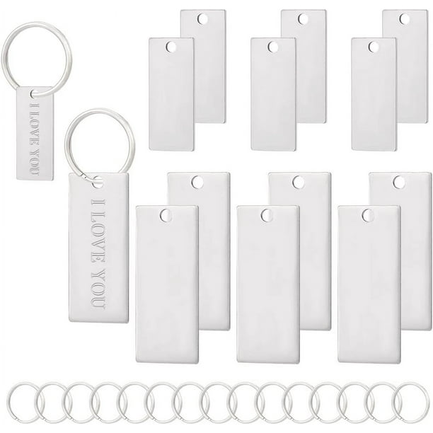 Juego de 24 piezas de acero inoxidable para estampar con llavero. 2 tamaños de colgantes de acero grabados en blanco. Etiquetas rectangulares de acero inoxidable.