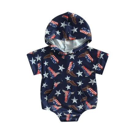 

Qtinghua 4th of July Baby Boy Girl Clothes Short Sleeve Hoodie Romper American Flag Oversized Bodysuit Outfits Navy Blue 3-6 Months