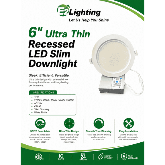 E2 Lighting 6 inch 12W Ultra-Thin LED Recessed Downlight, 5CCT Selectable, TRIAC Dimmable, CRI90 , White