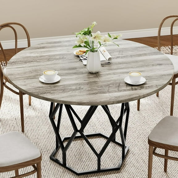 47 Inch Round Dining Table, Farmhouse Diner Table for 4-6 People, Kitchen & Dining Room Tables, Wood Circle Table for Kitchen, Dining Room, Living Room