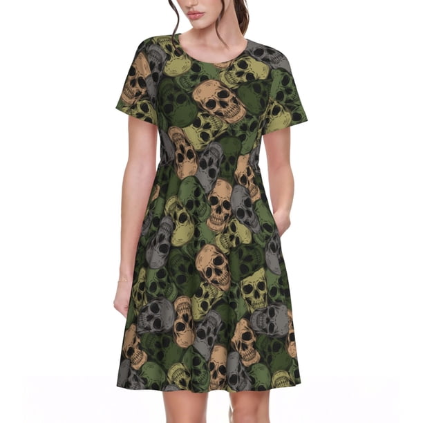 Disketp Camouflage Skulls para Vestido de Manga Corta para Mujeres, Vestidos de Verano para Mujeres, Casual y Holgado para la Playa