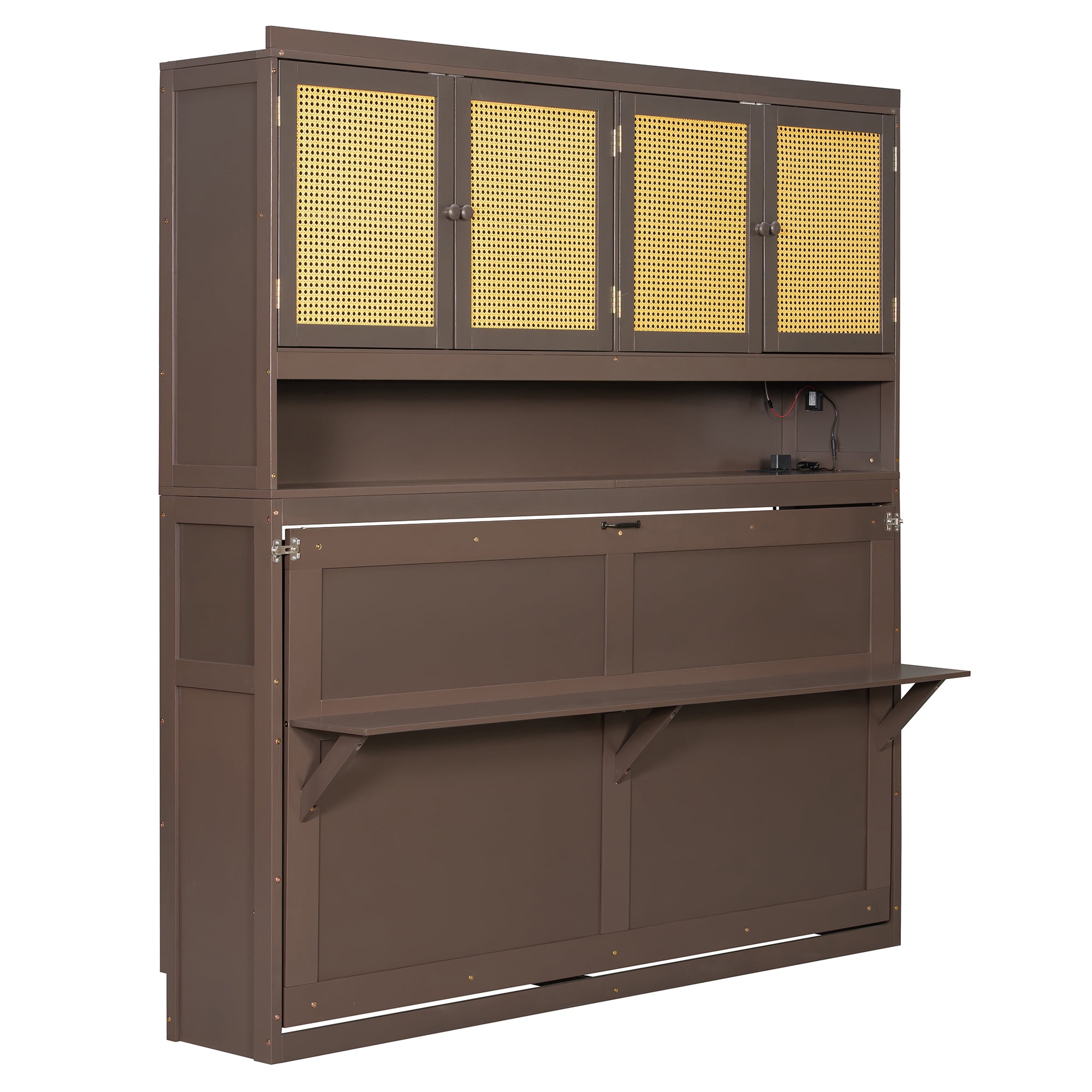 Mintazer Twin Murphy Bed with Rattan Cabinet & Desk, Wall Foldable Bed with Charge Station & LED Lighting for Bedroom Guest Room, Espresso