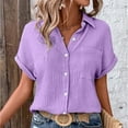thumbnail image 7 of Pxiakgy Women Linen Button Down Shirt Rolled Cuffed Short Sleeve Blouse Ladies Summer Casual V Neck Beach Double Layer Wrinkled Fabric Tops Batwing Sleeve Pocket Patched Shirt Hot Pink Xl, 7 of 7