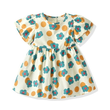 

QUDDERR 9M-5T Little Girls Summer Vacation Dress for Baby Toddler Short Sleeve Cotton Sundress Infant Girls Floral Casual Dresses