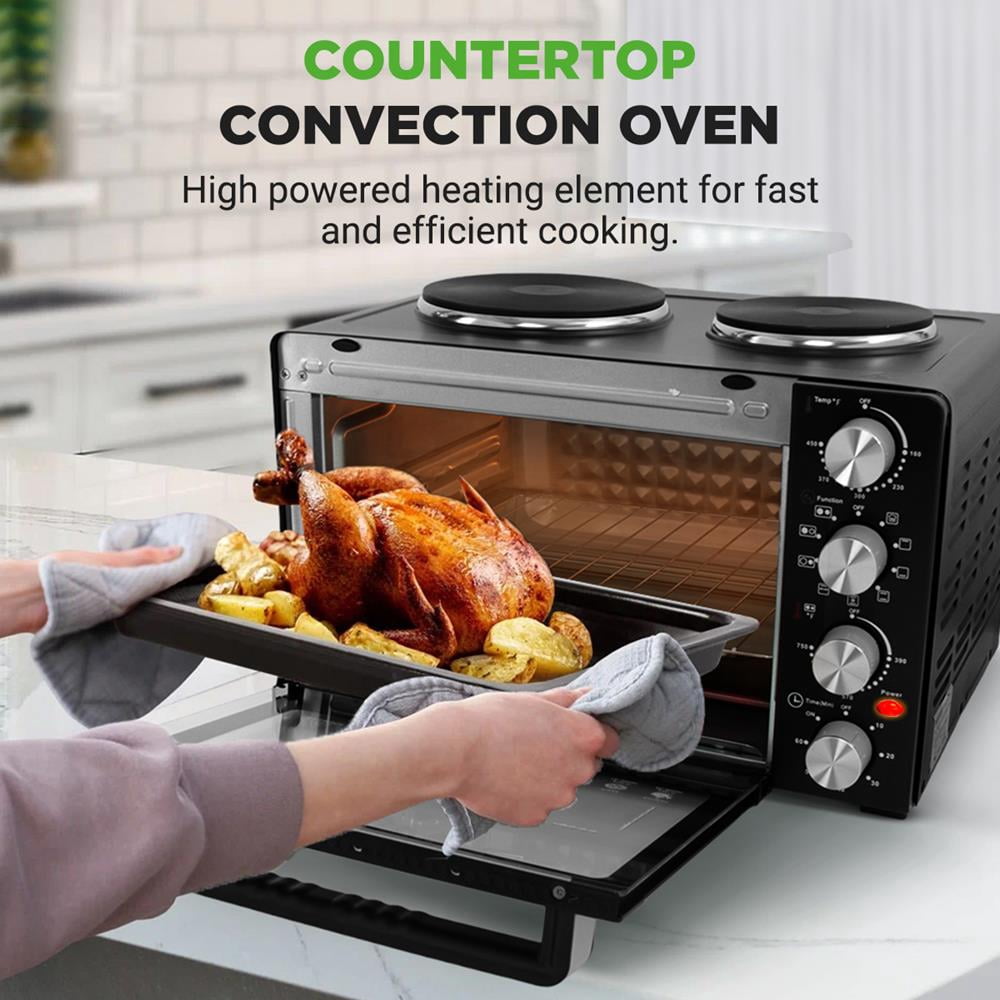 NutriChef 2-in-1 Convection Oven & Cooker, 30 Quart 1500W Multi-Function Oven with Dual Hot Plates, 7 Cooking Modes, Rotisserie, Broil & Bake, 19.6"x16"x13.5"