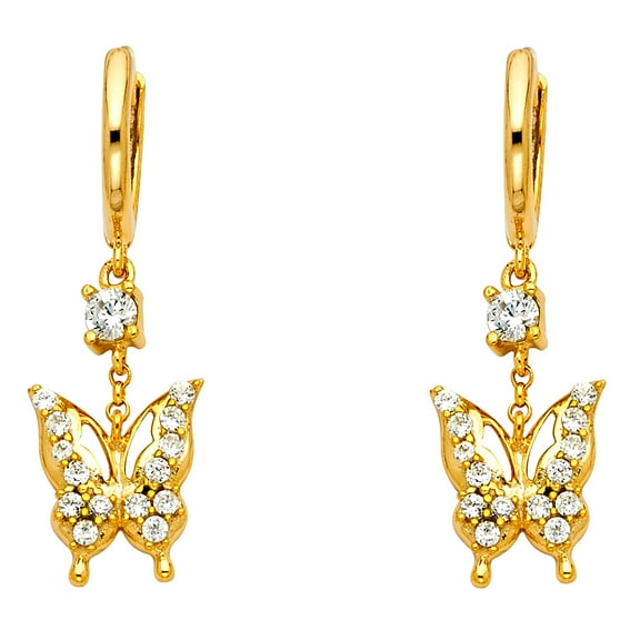 14k Yellow Gold Elegant Studded Butterfly Micro Pave Cutout Wing Earrings Jewelry Female Unisex