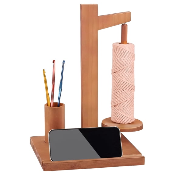 Wooden Yarn Holder with Phone Stand – Yarn Ball Spinner for Knitting & Crochet, 11.22" Tall, 7.48" Sturdy Base, Tangle‑Free, Includes Screwdriver, Natural Wood