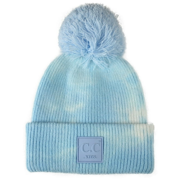 C.C Kids' Children's Winter Thick Knit Tie Dye Pom Cuff Beanie, Baby Blue/White