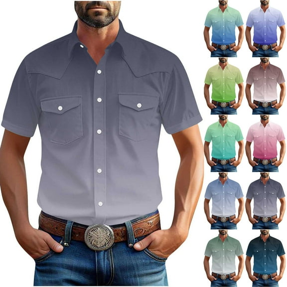 Ashirexll Button up Shirt Men, Big and Tall Shirts for Men, Plus Size Gradient Color Button up Shirts with Pockets Short Sleeve Turndown Collar Casual and Work Shirts