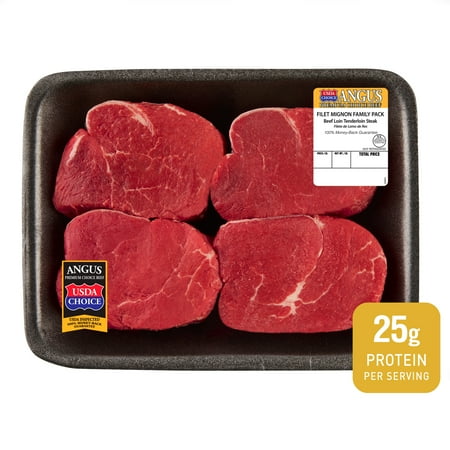 Filet Mignon Steak, Choice Angus Beef, 4 Steaks per Tray, Family Pack, Fresh, 1.5 - 2.5 lb