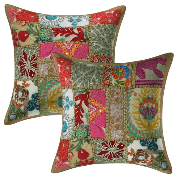 Stylo Culture Ethnic Cotton Home Decor Throw Pillow Covers Khaki 12 x 12 Bohemian Vintage Patchwork Ethnic Sofa Cushion Covers 30x30 cm Living Room Abstract Square Pillow Cases | Set Of 2