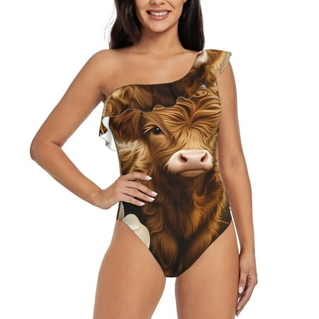 Lukts Adorable Calf Butterflies Champagne Women One Piece Swimsuits Tummy Control One Shoulder Bathing Suits Ruffle Swimwear-Medium