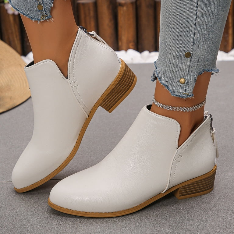 Women's Short Leather Ankle Boots, Solid Color Pointed Toe, Back