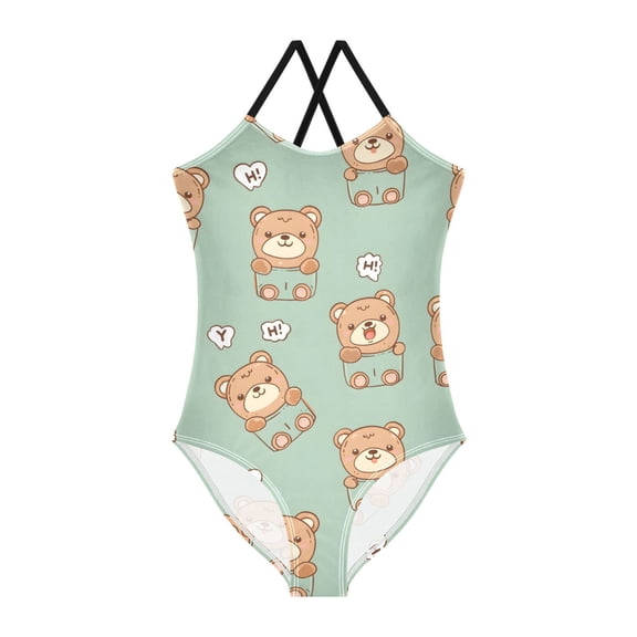 Cute Teddy Bear Pattern Girls' One-Piece Swimwear 3T-10T Soft Stretchy for Beach Pool Water Park