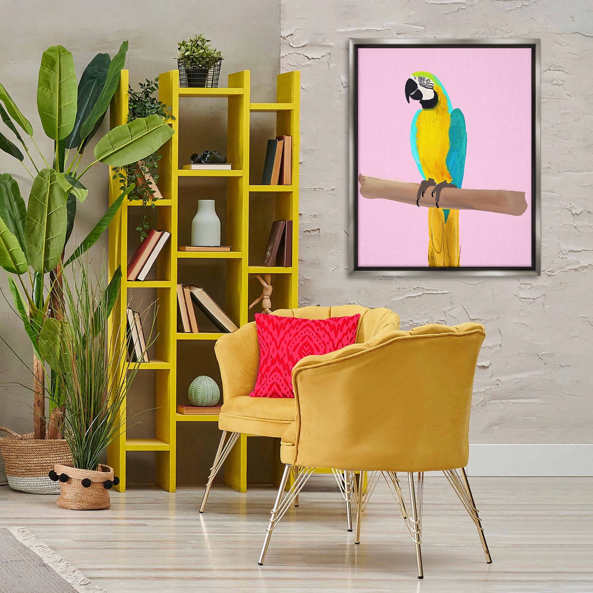 Stupell Industries Bright Parrot on Pink Animals Painting Gray Floater Framed Canvas Art Print Wall Art, 25 x 31