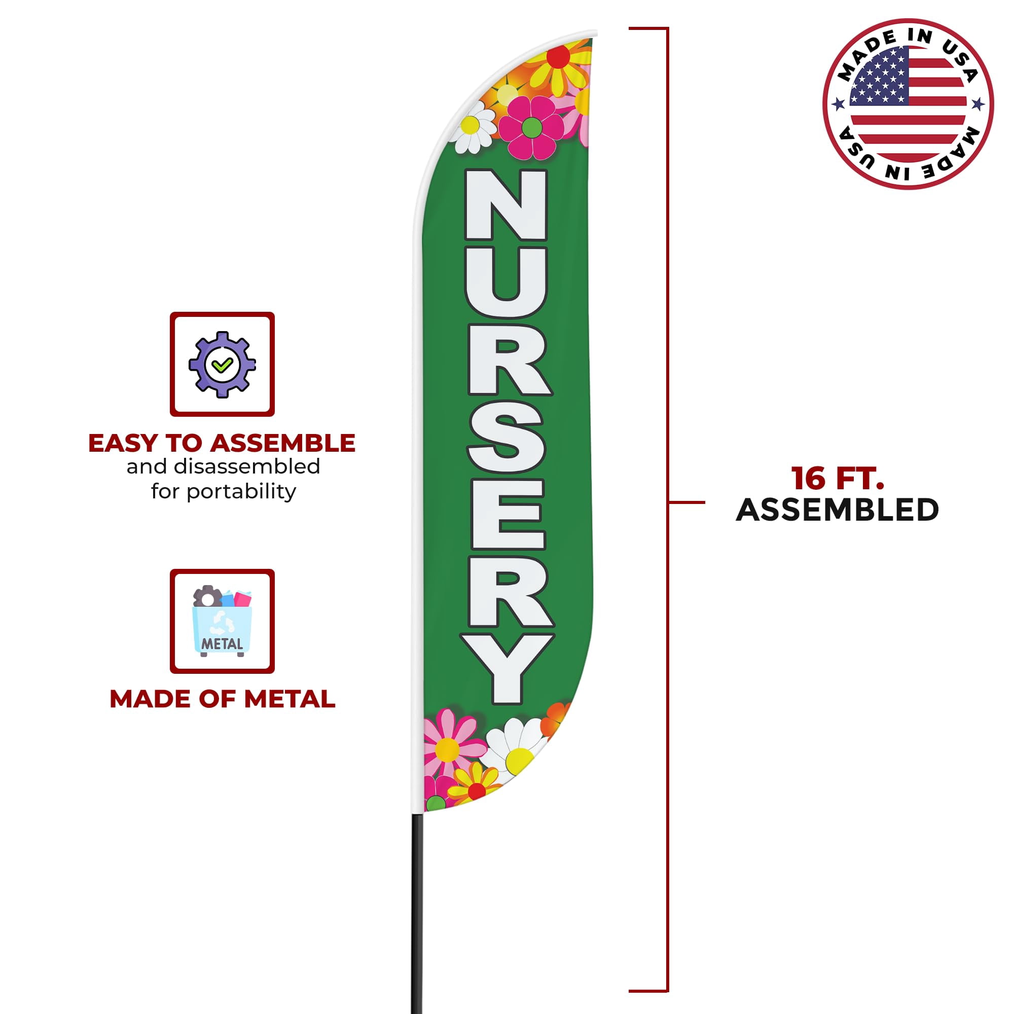 Nursery Sign feather flag for Outdoor by Mavis Print | 11.5 FEET Long Polyester Outdoor Banner Flag for Easy Hang | HD Print Swooper I Flag Only forNursery Advertising | Made in USA I Flag Only