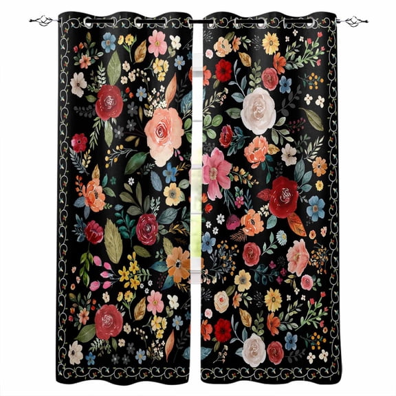 Blackout Curtains for Bedroom, Watercolor Flowers Room Darkening Window Drapes for Living Room, Farmhouse Floral Vintage Black Thermal Insulated Grommet Curtains, 42x84 inch, 2 Panels