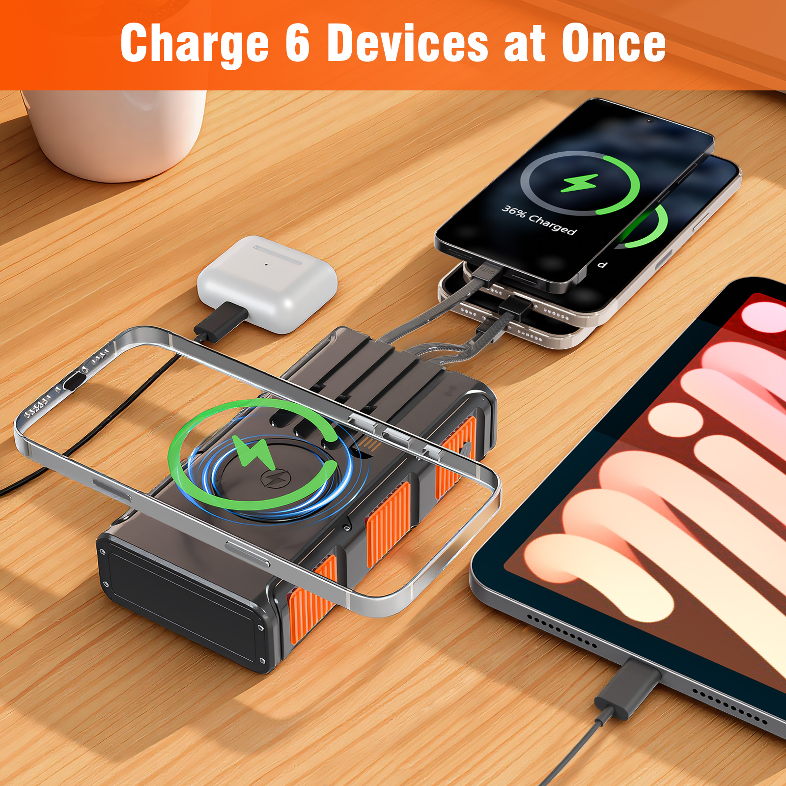 Power Bank Wireless Charger 68800mAh Built in Hand Crank and 4 Cables 15W Fast Charging Power Bank 7 Outputs & 4 Inputs Solar Portable Charger, SOS/Strobe/Strong Flashlights, Compass(Orange)
