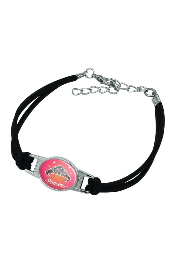 Princess Crown Tiara Pink Background Novelty Suede Leather Metal Bracelet