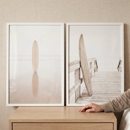 Understated Wooden Surfboard Wall Art Set of 2 minimalist beach decor coastal wall decor neutral surf print ocean photography print Set 2