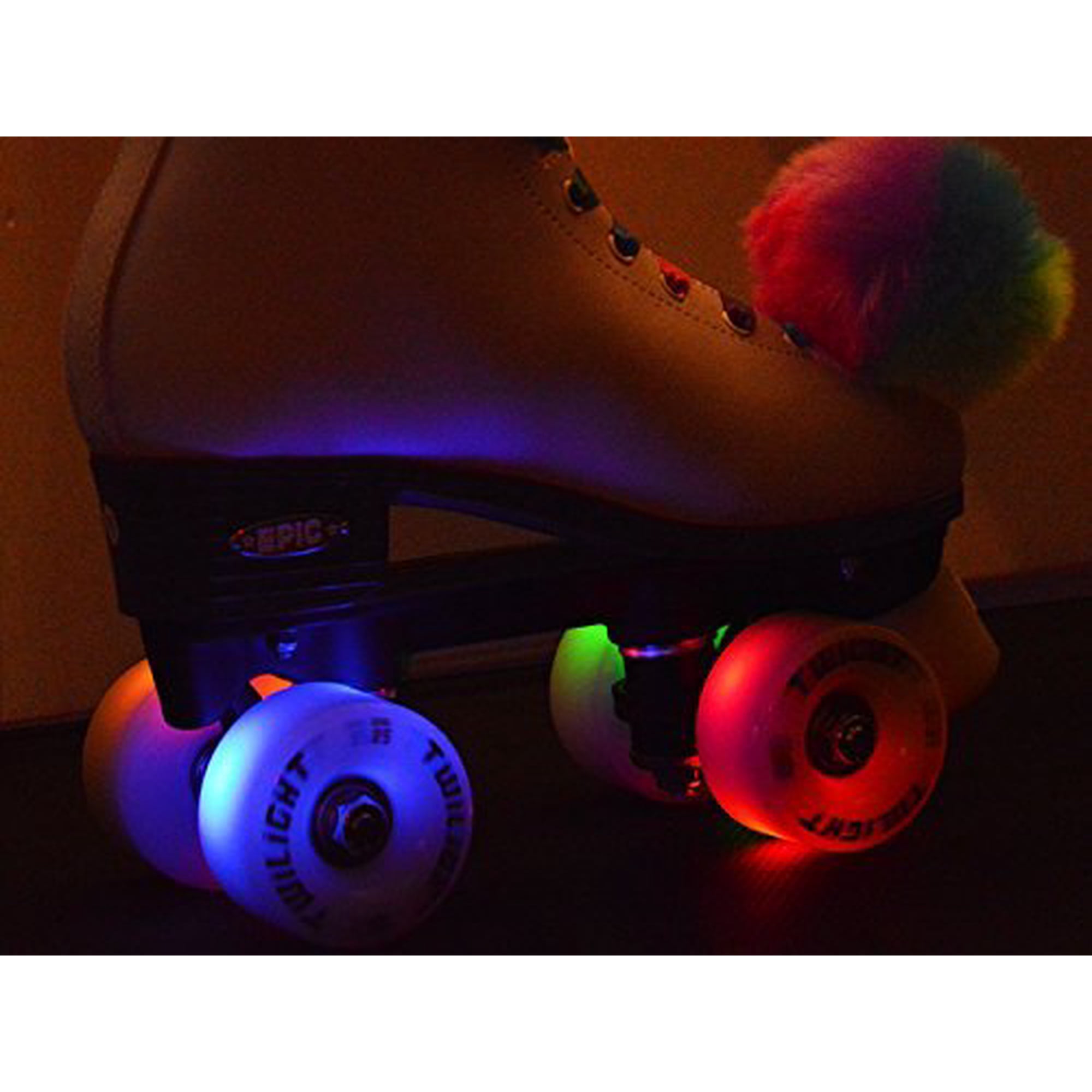 Epic Allure Light-Up Quad Roller Skates For Women - LED Wheels With Rainbow Laces & Pompoms (White, Size 7)