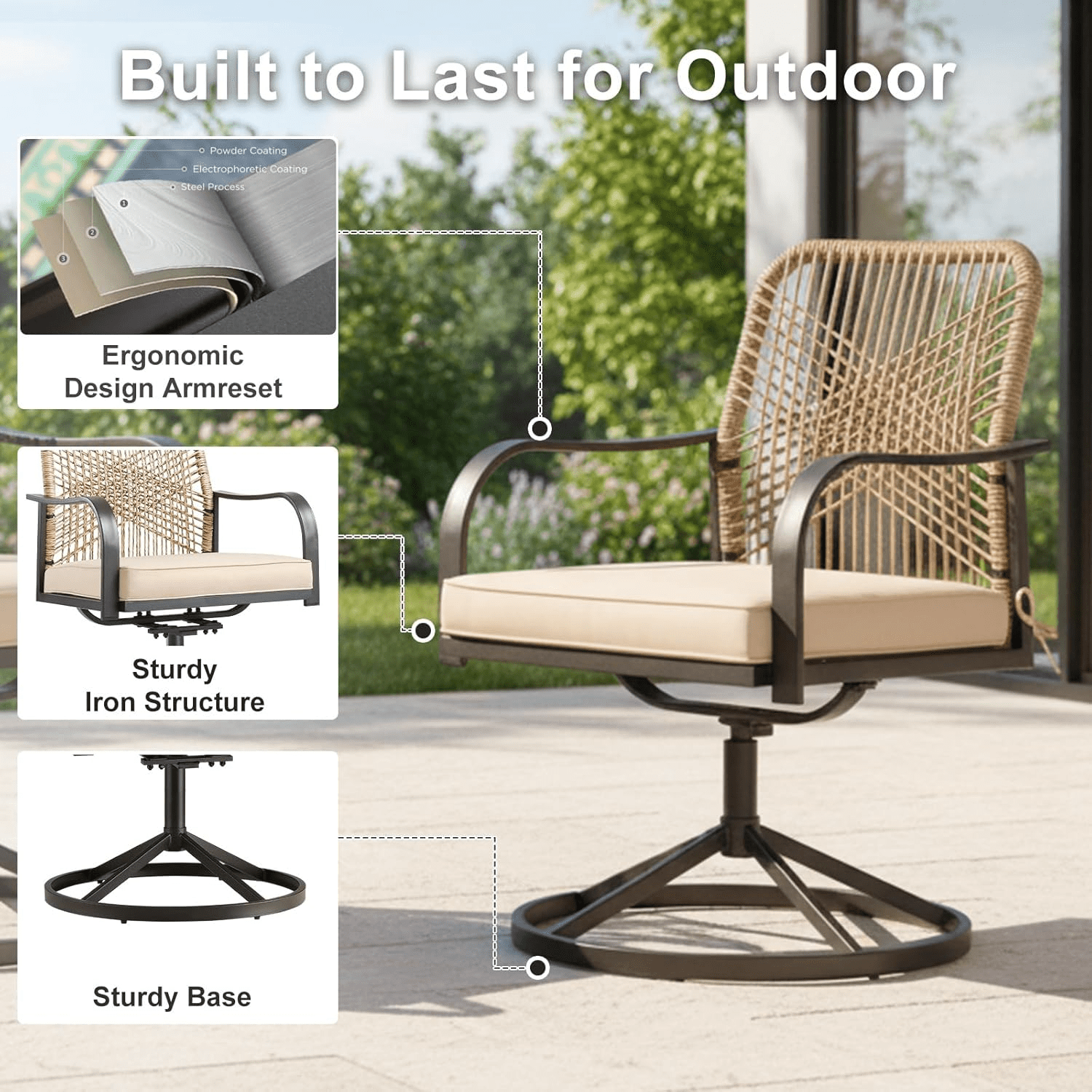 Patio Swivel Chairs Set of 4, Wicker Patio Dining Chair with Cushions and Metal Frame, Swivel Rocker Chair for Outside,Poolside,Lawn (Brown)